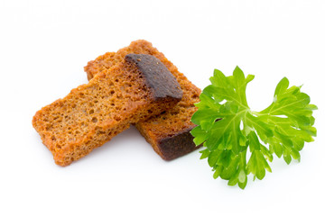 Bread croutons isolated on a white background.