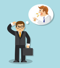 sad businessman is afraid and thinks the chief is angry
