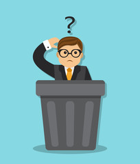 sad businessman sitting in a garbage can, and think why he was fired