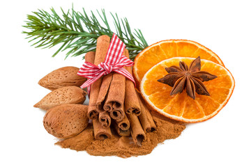 Traditional winter christmas spices isolated on white