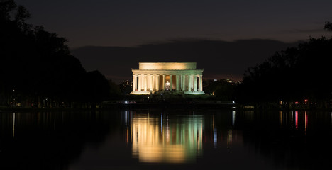 The Lincoln Memorial and the Reflecting Pool in Washington illuminated at night