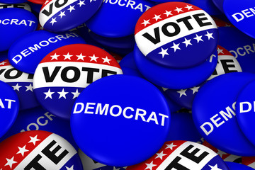 Vote Democrat Concept - Campaign Buttons in Pile 3D Illustration