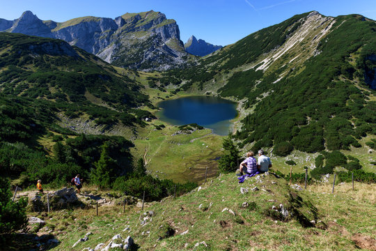 Idyllic mountains scenery hiking in the mountains. Austrian Alps, Tyrol, Lake Zirein.