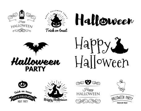 Smile Pumpkin, Bat, Spiderweb, Witch Hat.Halloween Badges, Logos, Labels Set. Vector Illustration