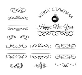 Christmas and New Year Greeting Card. Vintage and filigree decoration. Ornament frames and scroll swirls element. Filigree divider Calligraphic xmas curl and swirly line. christmas divider.