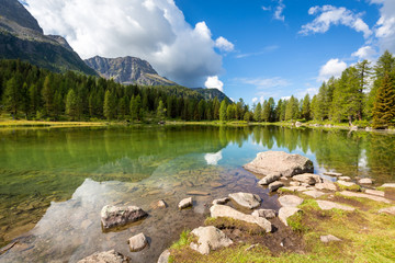 Lake San Pellegrino on pass San Pellegrino, near Val di Fassa, Dolomites mountains, Italy