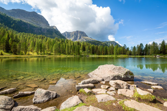 Lake San Pellegrino on pass San Pellegrino, near Val di Fassa, Dolomites mountains, Italy