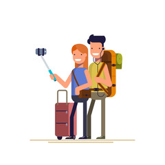 Happy couple doing selfie photo while on vacation. Man and woman makes the photography on the phone on a journey. Vector illustration in a flat style isolated on white background.