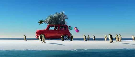  illustration of a car with a Christmas tree