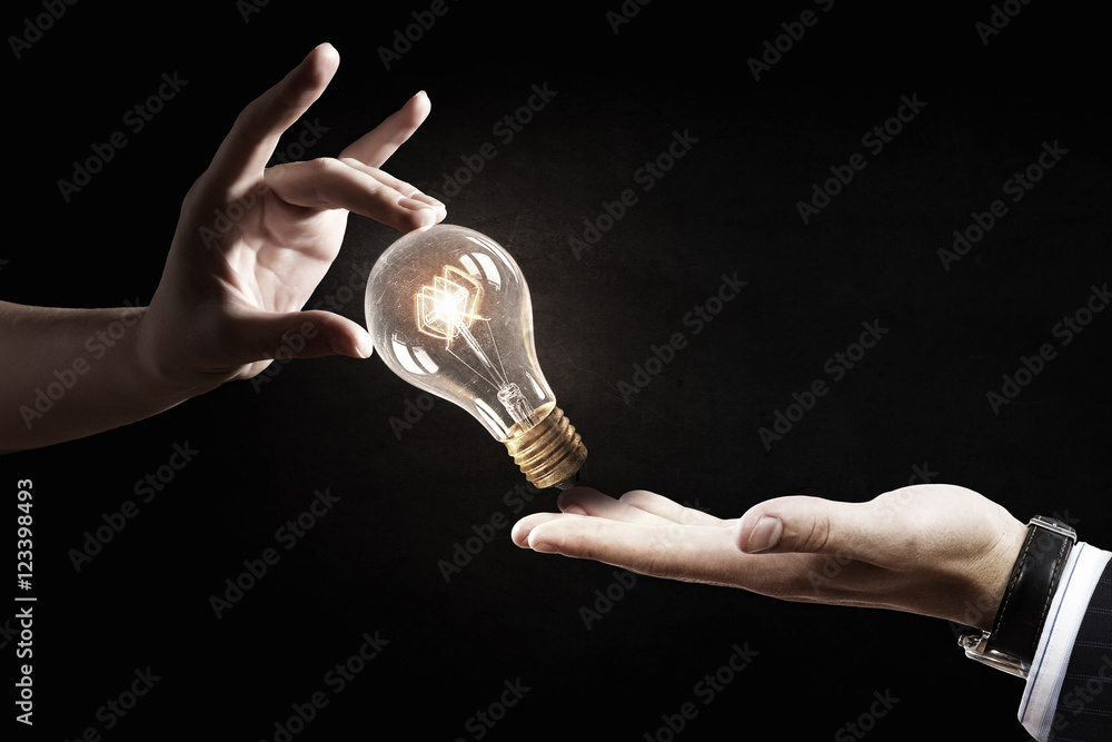 Canvas Prints hand pointing light bulb . mixed media
