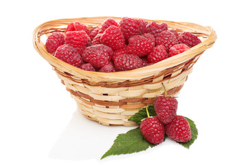 ripe raspberries in basket with mint on white