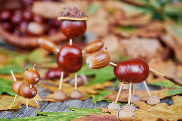Small creatures made of chestnuts and acorns. Autumnal decoratio