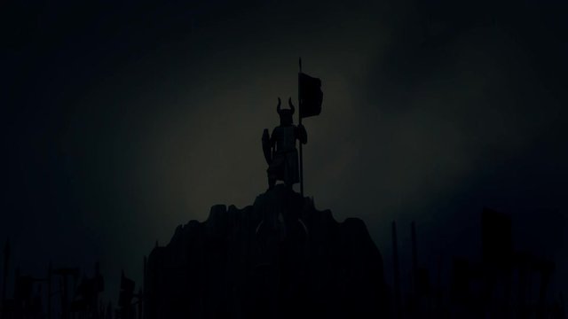 A Victorious Knight Holding a Flag While Armed Soldiers Cheering him