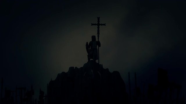 Knight Holding a Cross while Armed Crusader Soldiers Rising their Weapons