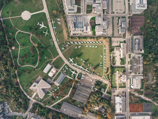 Aerial view of the Airport near Krakow city center. Airpark terminal, air crafts, roads, buildings 