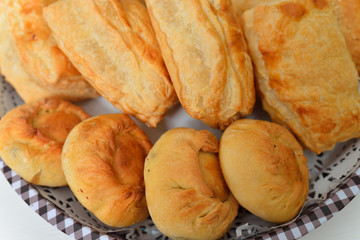 Background of different kind fresh baked bread , close-up