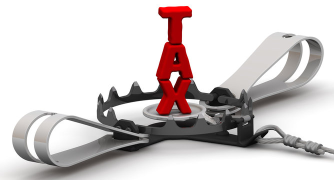 Tax trap. Red word "TAX" in trap on a white surface