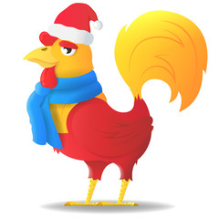 Cartoon cute fire red cock in santa's hat and scarf. Symbol of the Chinese new year fire rooster.