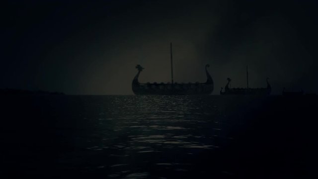 Vikings Ships Fleet Sailing to Shore Under a Lightning Storm