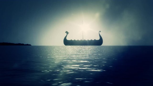 Viking Ship Sailing Slowly on Sea to Shore Reaching Land