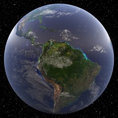 Earth focused on the Amazon viewed from space. Countries include Argentina, Bolivia, Brazil, Chile, Colombia, Ecuador, Guyana, Paraguay, Peru, Suriname, Uruguay, and Venezuela