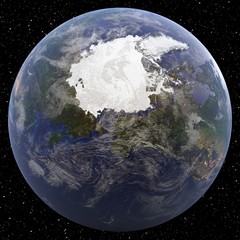 Earth focused on North Pole viewed from space.