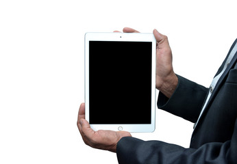Man holding a tablet computer front view isolated on white background. iPad Pro was created and developed by the Apple inc.