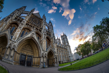 Wide angle view of Westminster Abbey at sunset
