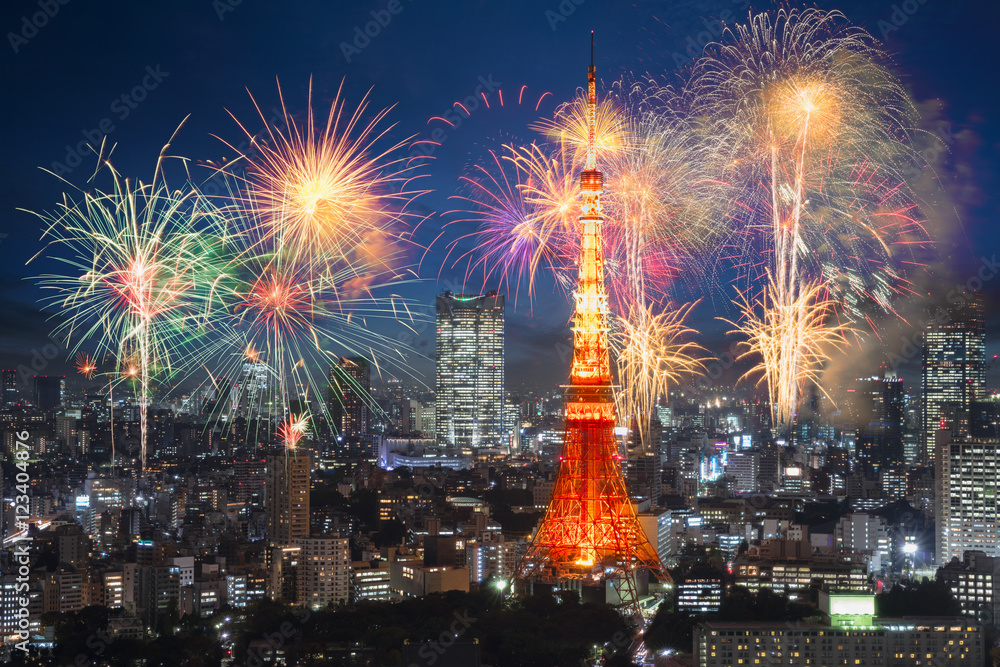 Poster fireworks celebrating over tokyo cityscape at night, tokyo japan