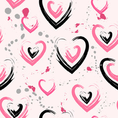 Abstract seamless pattern. Bright pink background with pink and black hearts and gray blotches.