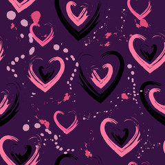 Abstract seamless pattern. Purple background with pink and black hearts and  blotches.