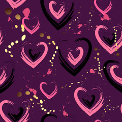 Abstract seamless pattern. Purple background with pink and black hearts and gold blotches.