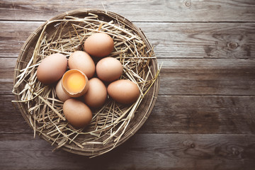 Eggs  on wooden table. Top view with copy space