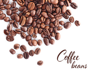 Obraz premium Roasted coffee beans on white background. Text COFFEE BEANS.