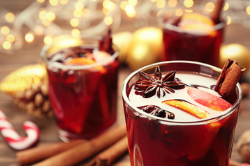 Glass of delicious Christmas mulled wine, closeup