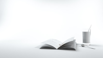 3d rendering white book with a cup of milk in white background