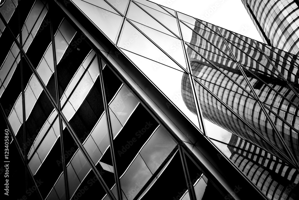Poster windows of business building in hong kong with b&w color