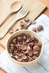 Bowl of chocolate flakes with milk for breakfast