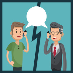 Men cartoon talking with smartphone and bubble icon. Mobile people theme. Colorful design. Vector illustration