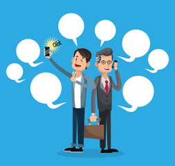 Men cartoon talking with smartphone taking selfie and bubble icon. Mobile people theme. Colorful design. Vector illustration