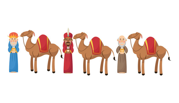 Three wise men cartoon with gift and camels icon. Holy family and merry christmas season theme. Colorful design. Vector illustration