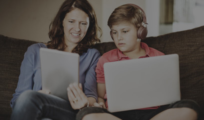 Mother Son Care Communication Laptop Concept