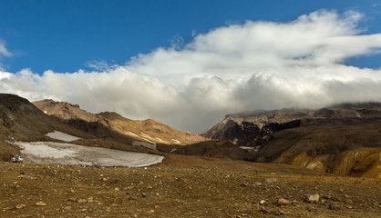 Glaciers on slopes of the active volcano Mutnovsky.