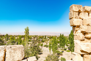 Baalbek in Beqaa Valley, Lebanon. Baalbek is located about 85 km northeast of Beirut and about 75...
