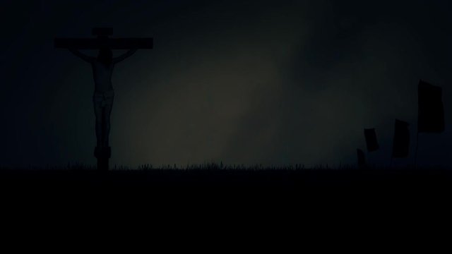 	Jesus Crucifixion Under a Stormy Dark Sky on Mount Calvary in Jerusalem