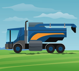 Truck machine over landscape icon. Farm lifestyle agriculture harvest and rural theme. Colorful design. Vector illustration