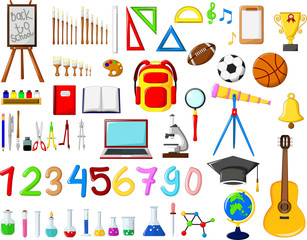 different kinds of School equipment cartoon