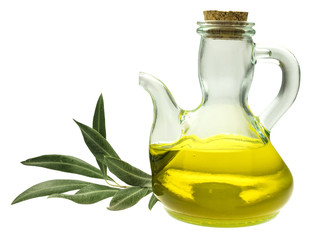 Bottle of virgin olive oil with branch, isolated