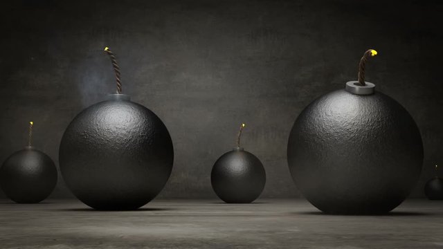 Falling and explode bombs in concrete background.