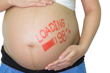 Pregnant Asian Woman with painted brush word - loading and figur